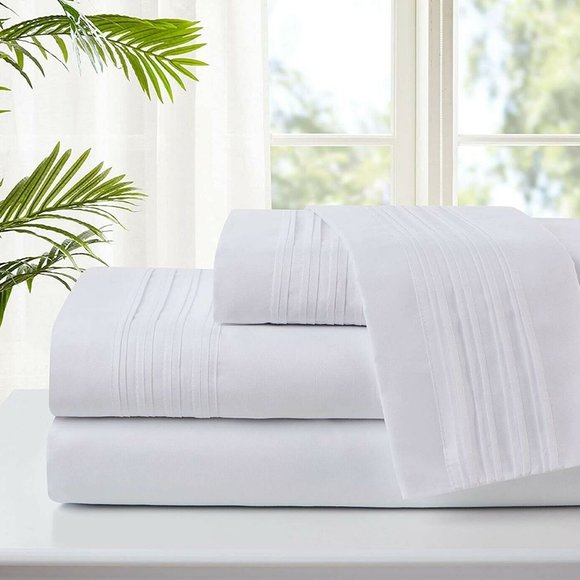 QUEEN SIZE Spirit Linen Home White Pleated Microfiber Sheet Set WHITE ~NEW~ - Picture 2 of 5